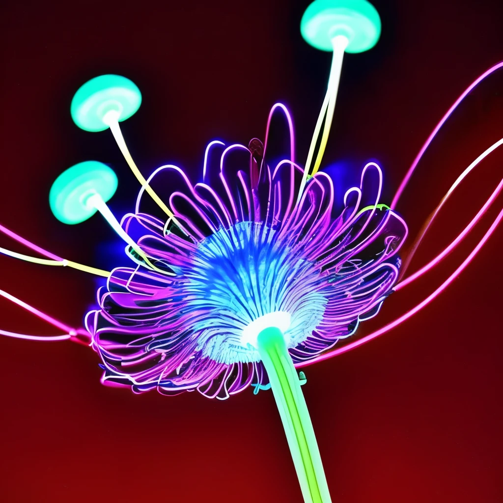 a close up of a flower with neon lights on it, a digital rendering by Bruce Munro, flickr, conceptual art, radiating atomic neon corals, twirling glowing sea plants, harmony of neon glowing coral, neon color bioluminescence, neon bioluminescence, filled with bioluminescence, purple and blue neons, neon jellyfish