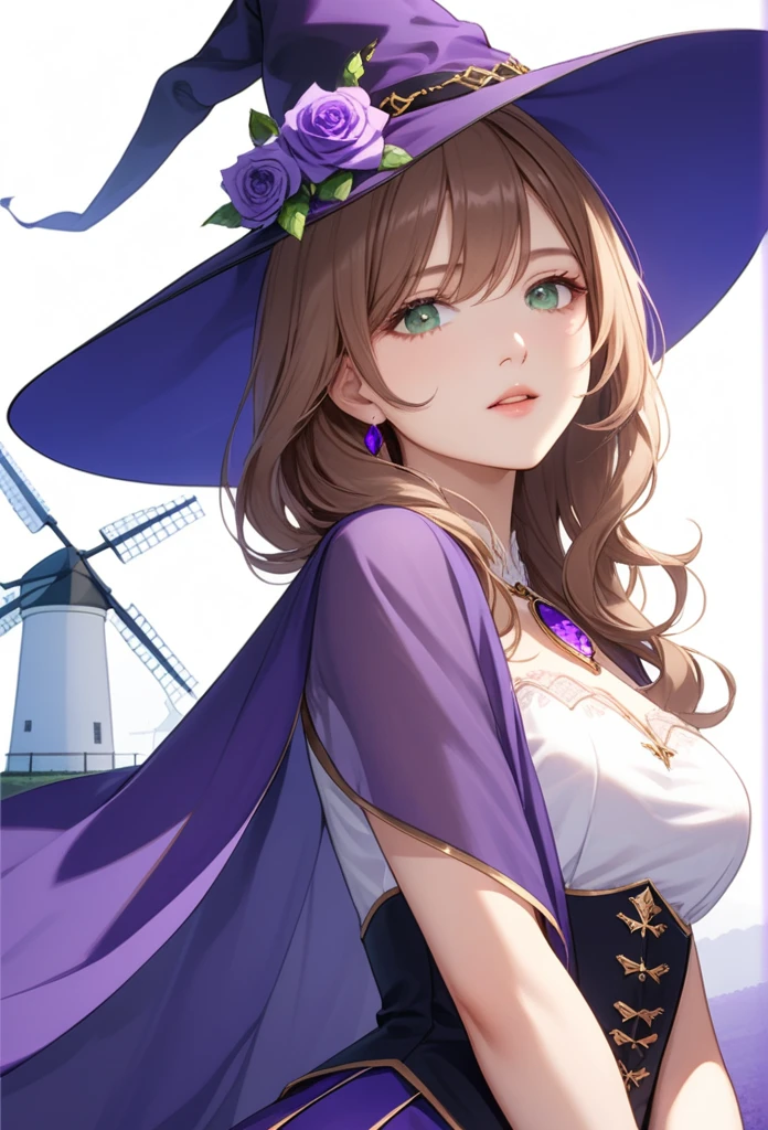 A beautiful girl, Perfect face, Keep your arms at your sides, masterpiece, Ultra-high resolution, high quality, 4K, Upper Body:1.5, Lisa (Genshin Impact), urple witch hat, Green Eyes, Brown hair, (Pure face_v1:0.008), (European:1.6), Bangs, skirt, Rose, Jewelry, witch, shawl, Purple headdress, Black Gloves, Purple flowers, Hair between the eyes, purple Rose, Open your mouth, purple shawl, Hat Flower, multicolored skirt, Hair accessories, windmill, from the side,