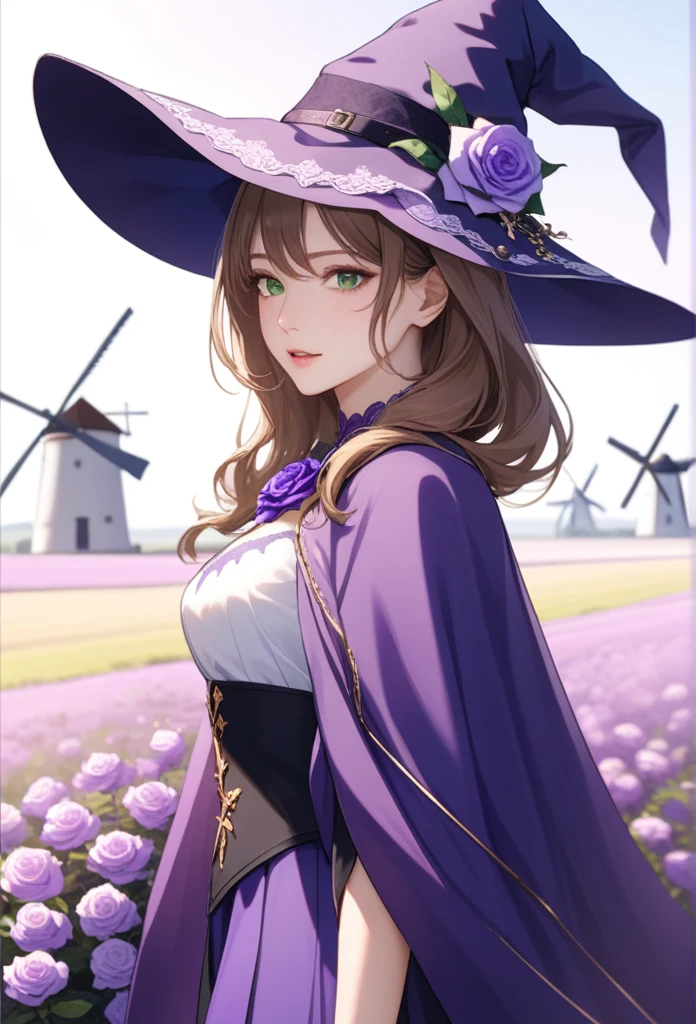 A beautiful girl, Perfect face, Keep your arms at your sides, masterpiece, Ultra-high resolution, high quality, 4K, Upper Body:1.5, Lisa (Genshin Impact), urple witch hat, Green Eyes, Brown hair, (Pure face_v1:0.008), (European:1.6), Bangs, skirt, Rose, Jewelry, witch, shawl, Purple headdress, Black Gloves, Purple flowers, Hair between the eyes, purple Rose, Open your mouth, purple shawl, Hat Flower, multicolored skirt, Hair accessories, windmill, from the side,