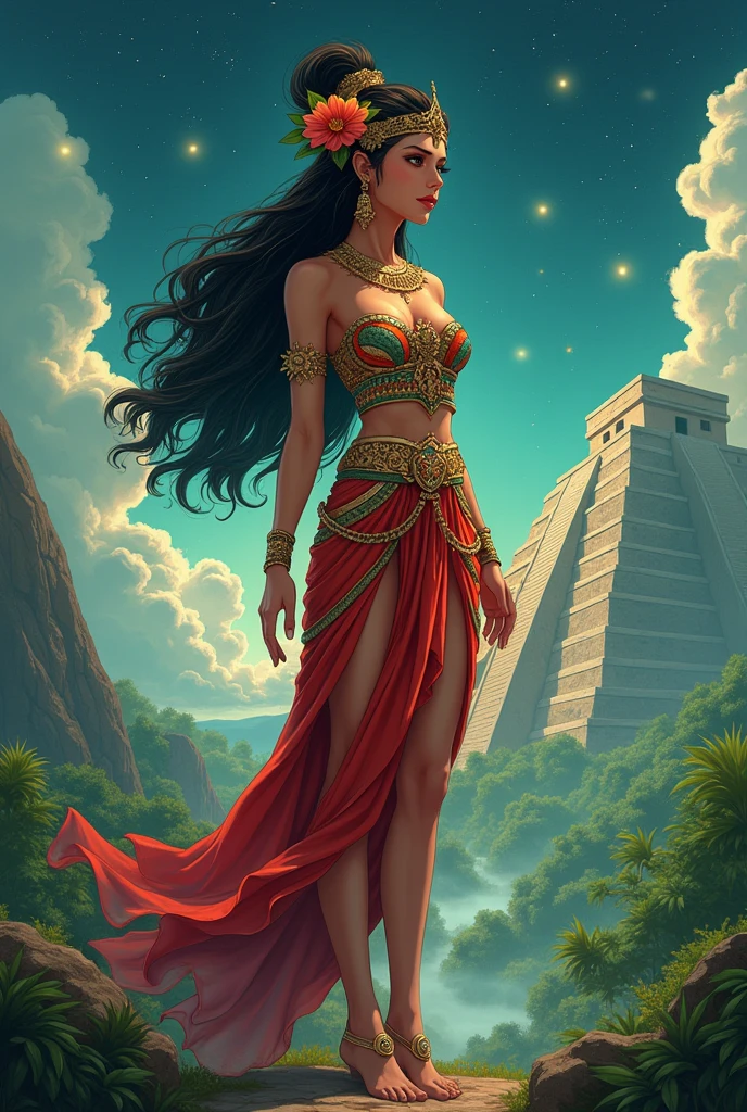 Create a full body anime style drawing of the ancient Sac princess Nicté of Mexico 