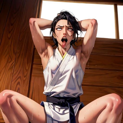 ((((masterpiece, best quality, high resolution)))), Extremely detailed 8K, 1 female, wearing a white Karate gi, (ahegao),white eyes, Small breasts,full body, kneeling, tired, (muscle:1.4), japanese clothes,  No underwear,No eyeballs, Facing the audience, looking at the audience, tired, from below, (Exposed armpit:1.1), ((armpit:1.2)), sexy, Sweating, More and more sweat,(ahegao), (Roll your eyes),  open mouth, Sticking out tongue, saliva, Slobber,Skinny, raise arms, (arms above head:1.5)(Ultra HD, Ultra-detailed, Highly detailed, Highly realistic, Ultra-realistic, photograph realistic), (1girl:1.5), (Realistic black hair), (dynamic poses), facing at camera, looking at viewer, (slightly serious face), (perky breasts:1.2), (beautiful detailed face, beautiful detailed eyes), ((worn out karate gi)), (preparing for a fight), sweat, glow, (sunbeam, sunlight), ((cowboy shot)), inside a training gym, seductive, EnvyBetterHands LoCon,