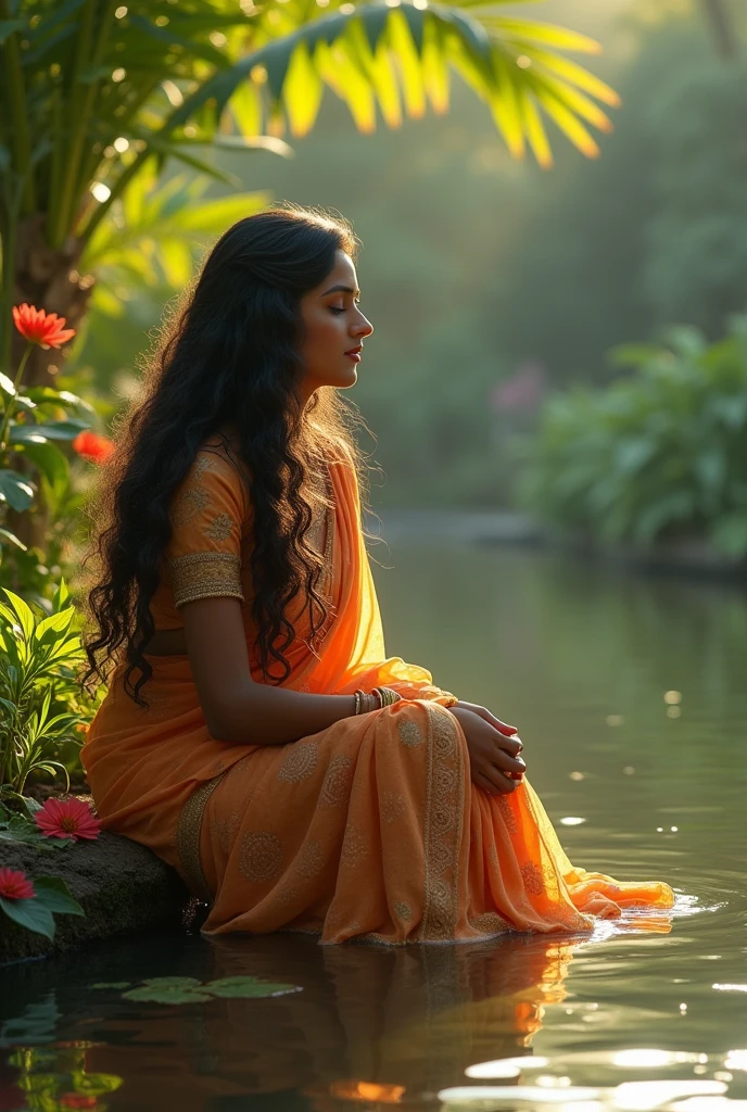  beautiful woman, sitting beside poond , wearing Shari ,  long curly hair,  soft lighting, plants in background, with sunlight, relaxed pose, realistic, intricate details, warm colors,