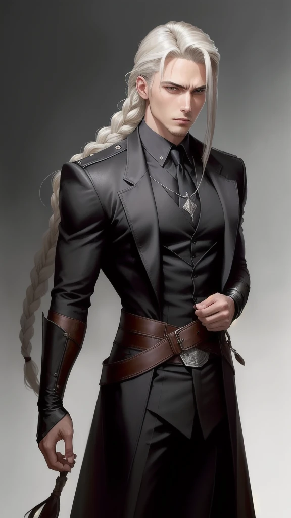 Imagine a man with a striking and commanding presence. He is around 2, with a quiet demeanor, yet his sharp gaze cuts through the silence. His hair is extremely detailed and realistic, parted in the middle. The front strands frame his face while the back is braided into a single long braid that extends past his waist, almost reaching his feet.
He wears a long, sleek jacket reminiscent of Sephiroth's, paired with a crisp shirt underneath. The jacket is detailed and high-quality, with a tailored fit that accentuates his tall, lean frame. His expression is stoic, but his eyes hold an intense sharpness, hinting at the power and depth of the character. This figure stands out with his calm yet intimidating presence, blending elegance with an air of mystery.