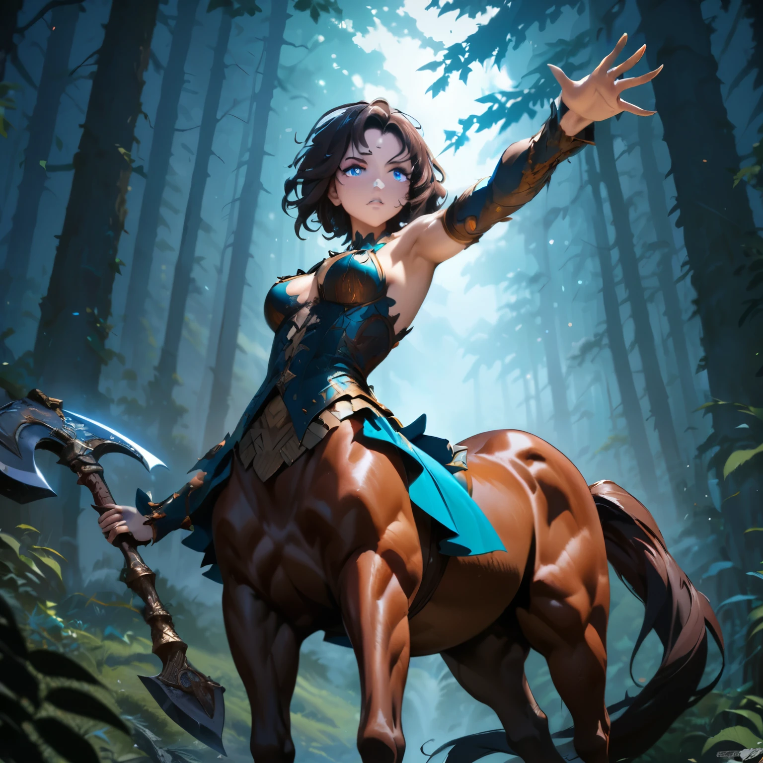 a centaur in a forest, looking into the distance, wary of the surroundings, dignified face, strong gaze, beautiful detailed eyes, beautiful detailed lips, extremely detailed face, horse, 1 centaur, (best quality,4k,8k,highres,masterpiece:1.2),ultra-detailed,(anime style),concept art, fantasy, dynamic pose, dramatic lighting, vivid colors, cinematic atmosphere,(have a axe)