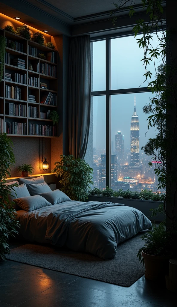A moody, atmospheric bedroom with a dark, sophisticated design. The room features a large, plush bed positioned centrally against a wall, flanked by two tall bookshelves—one on the right side and one on the left. Each bookshelf is filled with an eclectic collection of books, interspersed with various small, eerie plants. The plants have twisted, dark foliage, some with creeping vines and unusual shapes, creating a slightly unsettling yet captivating display that hints at a love for the strange and botanical.Beside the bed, a floor-to-ceiling window reveals a breathtaking nighttime city view, with glowing skyscrapers and distant city lights that add a touch of modernity to the room’s otherwise natural and dark aesthetic. The contrast between the vibrant cityscape and the room's shadowy interior creates a dynamic visual, drawing the eye towards the bustling urban scene outside.The bed is dressed in deep, muted tones—dark grays, blacks, and forest greens—complementing the overall color scheme of the room. Soft, ambient lighting from small, discreet wall sconces and hidden LED strips illuminates the space, casting gentle, warm light that enhances the cozy yet slightly eerie ambiance. Shadows play across the shelves and floor, accentuating the textures of the plants and adding depth to the room. The atmosphere is calm, mysterious, and intimate, providing a perfect retreat with a unique blend of nature and city life. No people are present, keeping the focus on the room's design and ambiance.