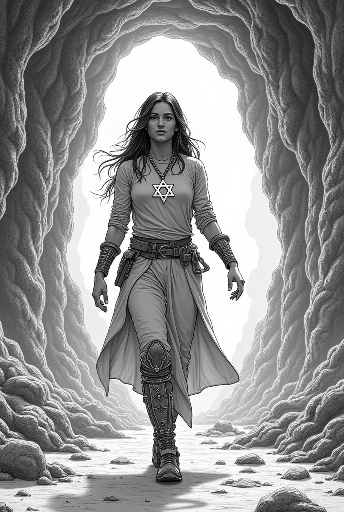I want an engraving type drawing ,I have a futuristic landscape and I see a time traveler with a Star of David necklace entering through a portal and there are several open portals ,I want the drawing to look like an engraving, not realistic.