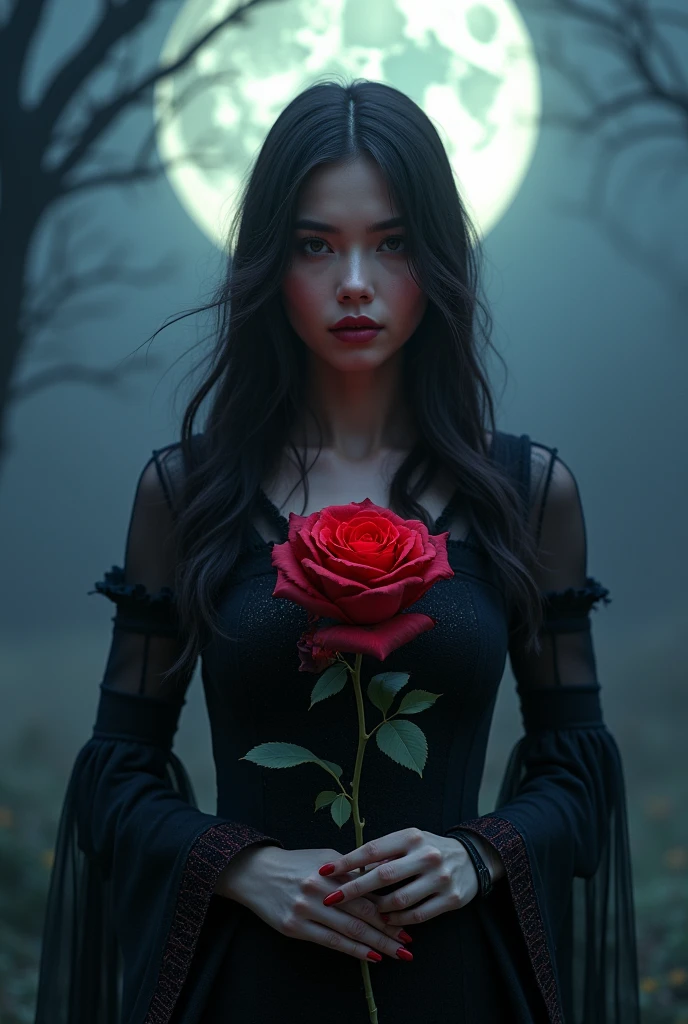 Picture a mysterious, beautiful girl standing beneath a luminous full moon. She holds a dark red rose with petals that seem to shift from vibrant crimson to deep black at the edges. The moonlight casts a soft, magical glow on her, highlighting her enigmatic expression and adding a touch of elegance to the scene. Her attire, a blend of dark and shimmering fabrics, complements the rose and the moon’s ethereal light. The background is a blend of twilight blues and gentle silver, creating an air of intrigue and allure.