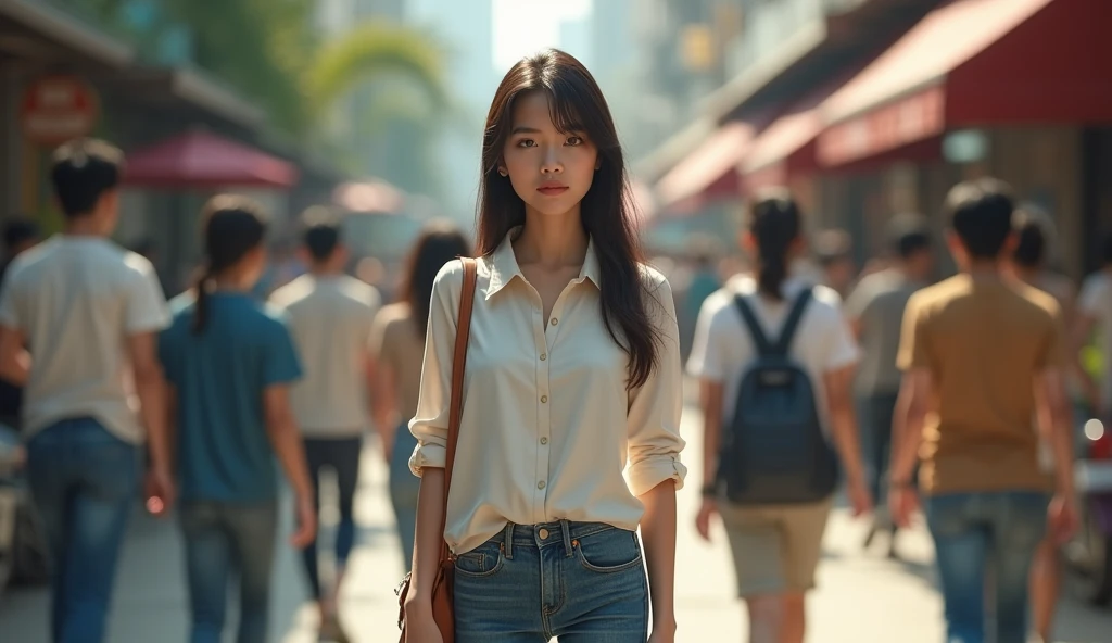 A young Thai woman wearing a long-sleeved collared shirt and jeans. Behind her, there are people walking back and forth. Realistic image.