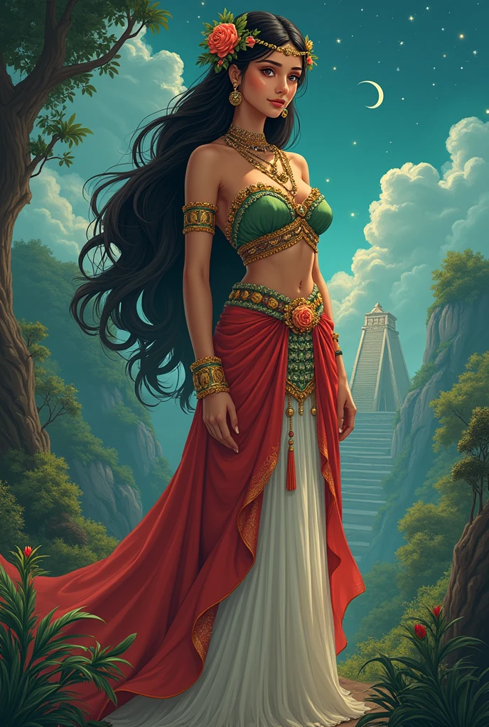 Create a full body anime style drawing of the ancient Sac princess Nicté of Mexico