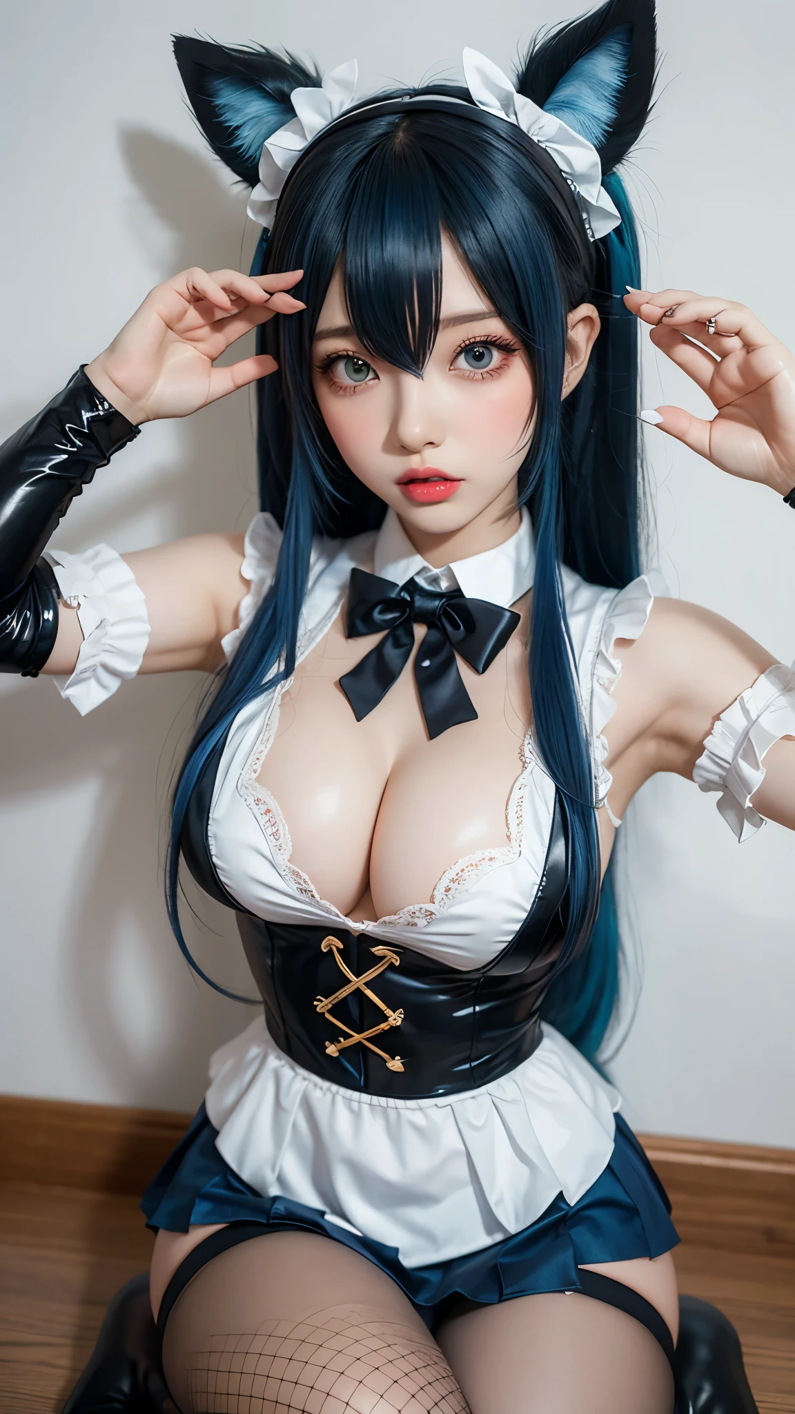 Alafe in a bow and tie costume, anime girl Cosplay, anime Cosplay, Cosplay, ((Very large breasts)), sakimichan, Gwaiz, ahegao face, Anime Goddess, Blue pigtailed hair and emerald eyes, Fairy Core, Inspired by anime, Belle Delphine, Sakura Kinomoto, y 2 k cutecore crowncore, (Pure Eros Face_1:0.33), (Urzan-6500:0.33),Absolute area,Glossy thighs,Fishnet tights