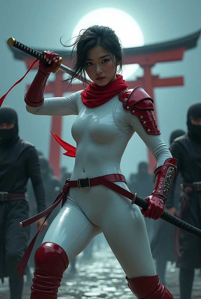 japanese young woman, wearing latex white ZENTAI highleg suits, red leather highboots, (((ninja dynamic pose, action scene, battle with many black ninja force))), prepare a KATANA, at Shrine, Torii gate, moonlight, lightup, red shoulder armor, red long iron grab, flattering red long scarf, black belt, strong wind,