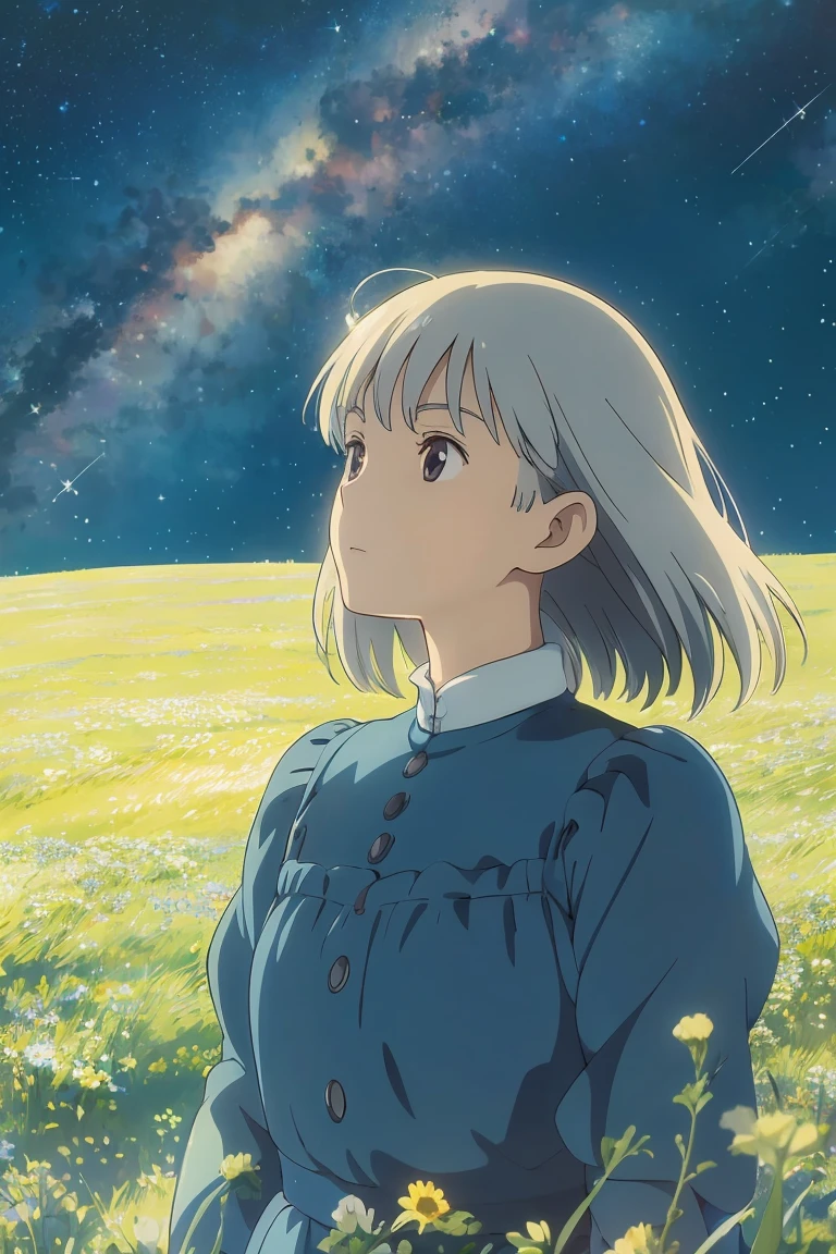 A girl on a meadow,Stars twinkling in the sky,Shining Star,milky way,I look up and see,masterpiece,Highest quality,最高masterpiece,Detailed anime art,Digital Art,