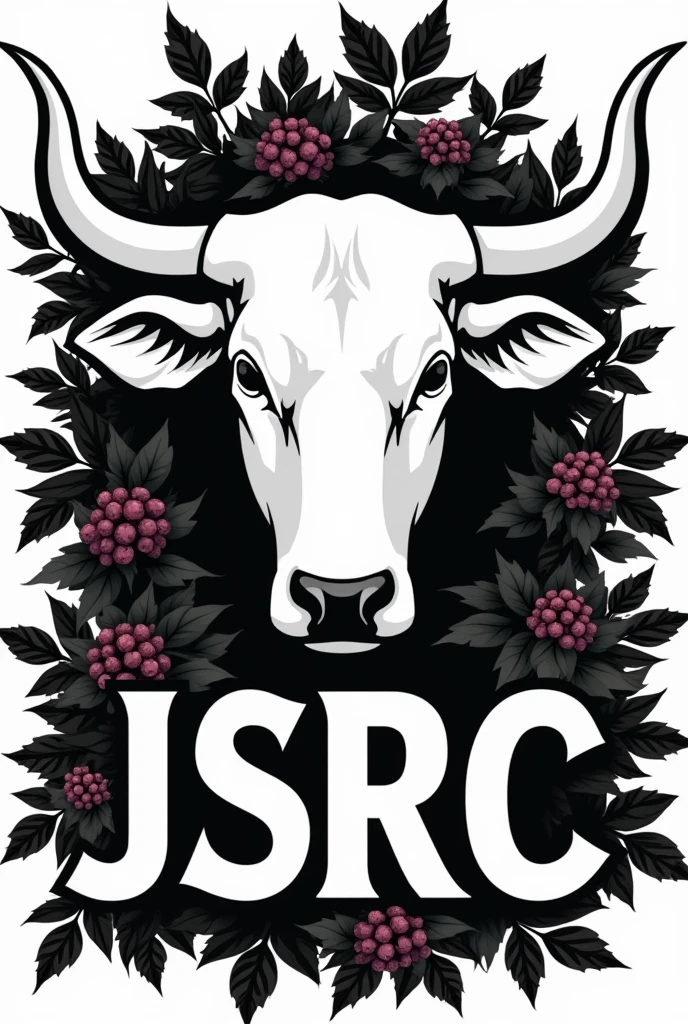 a stamp for marking cattle with the silhouette of the head of a white Brahman bull, focusing on its horns, surrounded by a bush of blackberries and the word JSRC in big capital letters