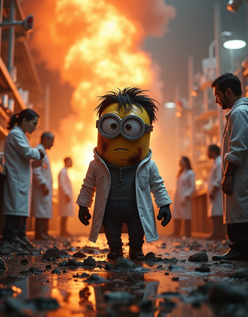Other scientists stood watching. .Minion scientist Kevin in scientist suit. came out of the lab explosion fire covered in dust with burn marks.explosion scene from fire people looking at Kevin Minion