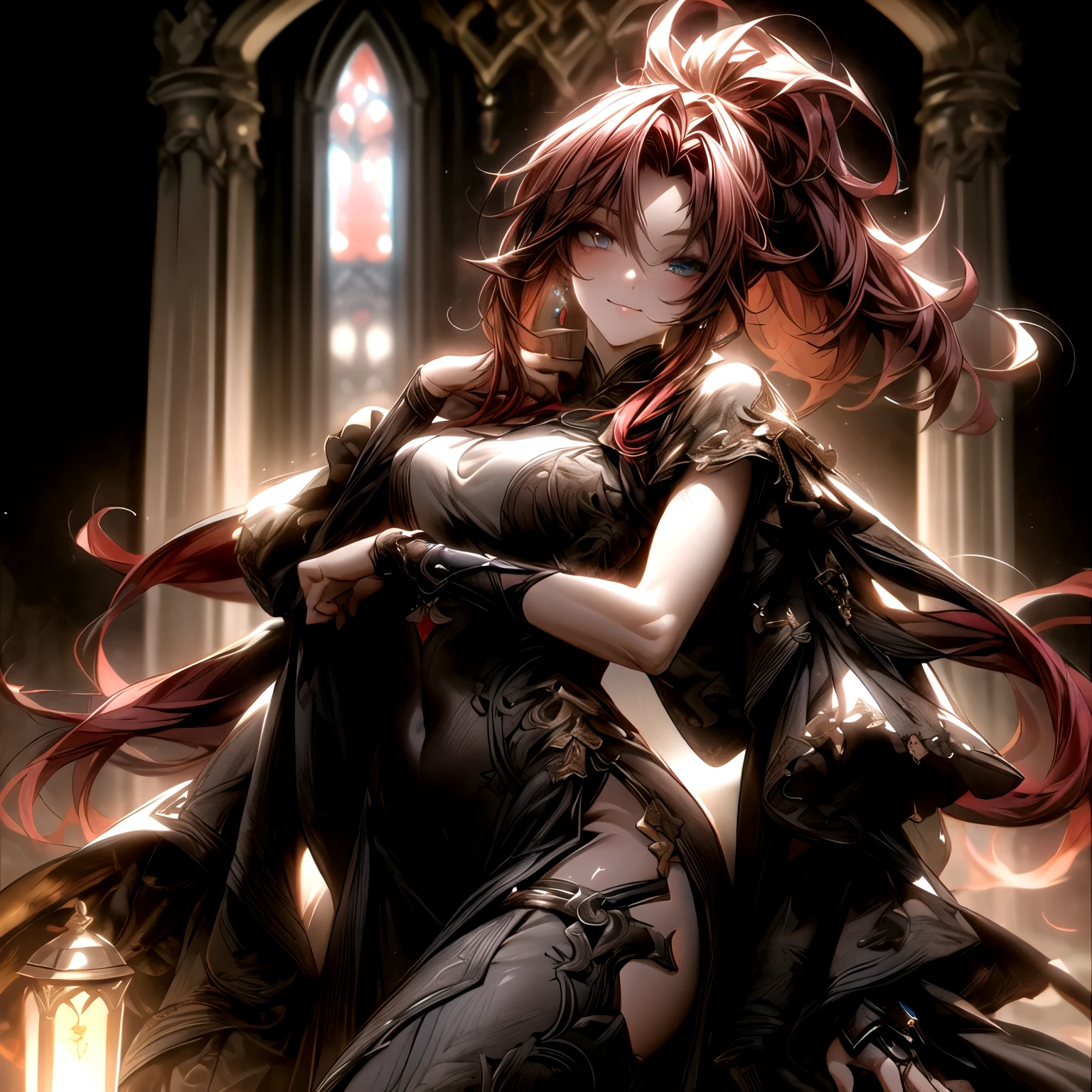 (best quality)), ((Masterpiece)), (details:1.4), 3d, HDR (high dynamic range), an image of a beautiful cyberpunk female, fantasy, Medieval, Red hair, High ponytail, Full body, Beautiful white eyes, จมูกโด่ง, ปากแดง, หน้าอกใหญ่, nvidia RTX, PBR surface, After processing, Anisotropic filtration,depth of field, Maximum clarity and clarity, multi-layered surface, Subsurface scattering, perfect proportions, 8K raw files, ultra detailed, Perfect proportions, volumetric lighting, soft lighting, Holy Paladin, Light Golden Armor, Red dress, glossy skin, intricate silver embroidery, Throne background, jewely, ต่างหู, นิ้วมือสมบูรณ์,
