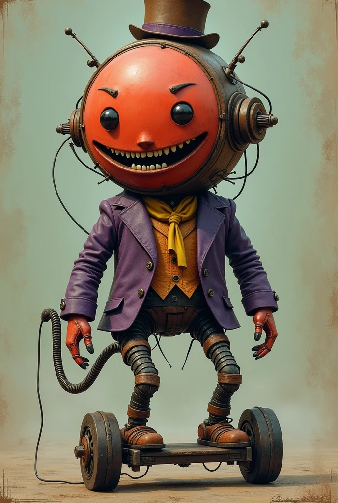 A scary old robot with gear mechanisms with a completely circular head with a red or orange face with empty eyes and a huge smile with a brown top hat, with a purple jacket, and yellow scarf , It doesn't have legs, but rather a huge battery and underneath it are the wheels of an electric scooter.