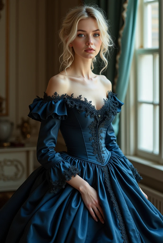 Beautiful twenty year old girl, with light blonde hair, White skin, almond-shaped blue-green eyes. with medium breasts, slim, with a small waist and curves. She is wearing a dark blue silk Victorian era dress that highlights her beauty.. Her lips are plump. She has her hair up in an elegant hairstyle.. Let the whole dress be seen.