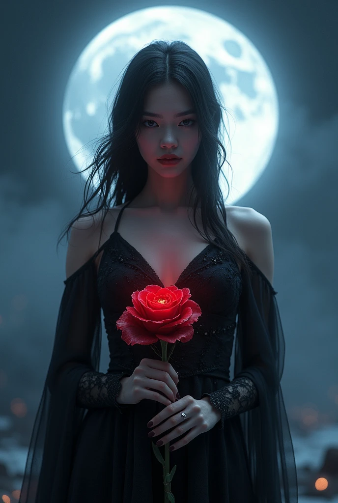 Picture a mysterious, goddess and mystical girl standing beneath a luminous full moon. She holds a dark red rose with petals that seem to shift from vibrant crimson to deep black at the edges. The moonlight casts a soft, magical glow on her, highlighting her enigmatic expression and adding a touch of elegance to the scene. Her attire, a blend of dark and shimmering fabrics, complements the rose and the moon’s ethereal light. The background is a blend of twilight blues and gentle silver, creating an air of intrigue and allure.