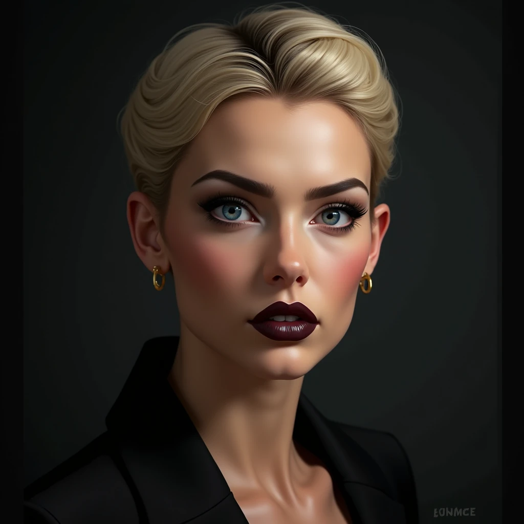 Adult female face, 30 years old, French, rich people, celebrity, arrogance, contemptuous, cruelty, Blonde, short hair, pixie cut, Forehead, arched, thin and light eyebrows, loose double eyelids, clear, reflective blue eyes, A straight, high nose, well-proportioned nostrils, Full lips, dark lipstick,