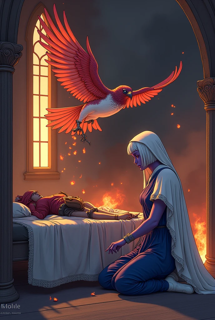 (Face ultra detailed, looking away, Fantasy illustration with gothic, Ukiyo-e, comic book art, rich colors), break (A dark elf healer is tending to an injured knight lying on the ground, trying to channel the god she worships. A flame-clad falcon hovers above the knight, and flame particles flow from the falcon's body to the knight's body.), break (The location is a medieval European style church room used as a field hospital.. It's dark outside, and the building is on fire with smoke.), break (Black Elves: A young dark elf with silver hair, Blunt bangs, bob cut and dark purple skin, lavender eyes.), break (Black Elves: A dark elf healer wears a white veil, a simple lace linen cloak, a blue tunic, and white nurse shoes.)
INFO Size 688X1024 Date Aug 24, 2024
Modo
Estúdio
Tipo
grid
Checkpoint
SeaArt Infinity
Phoenix
A dark elf healer channels the Undying Court she wo
