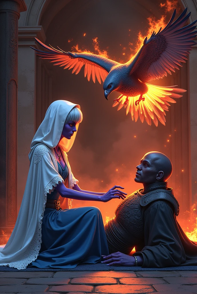 (Face ultra detailed, looking away, Fantasy illustration with gothic, Ukiyo-e, comic book art, rich colors), break (A dark elf healer is tending to an injured knight lying on the ground, trying to channel the god she worships. A flame-clad falcon hovers above the knight, and flame particles flow from the falcon&#39;s body to the knight&#39;s body.), break (The location is a medieval European style church room used as a field hospital.. It's dark outside, and the building is on fire with smoke.), break (Black Elves: A young dark elf with silver hair, Blunt bangs, bob cut and dark purple skin, lavender eyes.), break (Black Elves: A dark elf healer wears a white veil, a simple lace linen cloak, a blue tunic, and white nurse shoes.)
INFO Size 688X1024 Date Aug 24, 2024
Modo
Estúdio
Tipo
grid
Checkpoint
SeaArt Infinity
Phoenix
A dark elf healer channels the Undying Court she wo