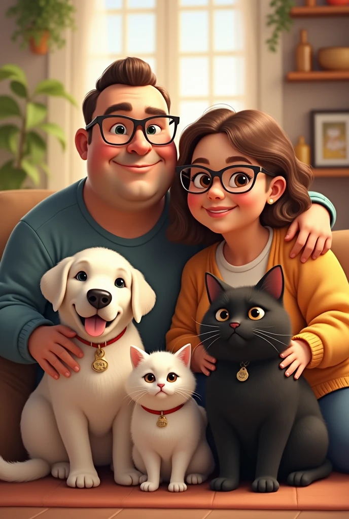 Create a family image where a 2 couple comes, the fat man with light brown skin, Without beard. with square lenses, slanted eyes combed to one side brown hair , along with her female partner a little chubby with long brown curly hair with medium skin tone with round glasses Along with a large white Labrador dog with a small tag with the name Bonnie also a large black fat cat with a white spot on the middle of her face down to her belly with a tag with the name Micharda and another small white kitten with a tag with the name Kitty