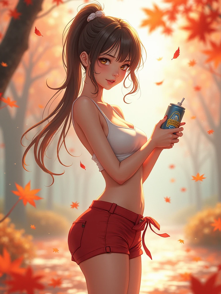 1girl, autumn, autumn leaves, bare arms, bare shoulders, bottle, bow, branch, breasts, can, cherry blossoms, cleavage, collarbone, cowboy shot, day, falling leaves, high ponytail, holding, holding bottle, holding can, leaf, leaves in wind, long hair, looking at viewer, maple leaf, midriff, navel, outdoors, petals, red shorts, ribbon, short shorts, shorts, solo, standing, tank top, tree, water bottle