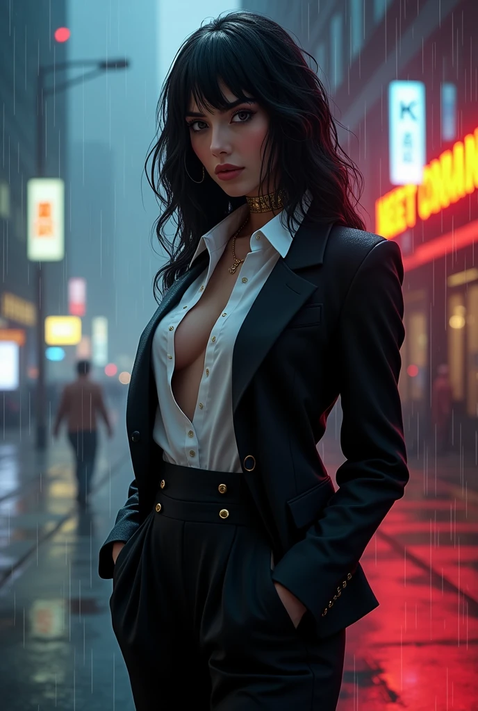 GTA STYLE,chumbo feminino,1girl, fashion accessor、dark suit, white shirt unbuttoned top, future city streets,raining night time, retro artstyle,shadows and highlights,hight contrast,crime and danger、Tension and suspense、Reflections on the avant-garde and the low ebb、Shady、evocative composition。(Best quality at best,4K,8K,A high resolution,tmasterpiece:1.2),ultra - detailed,(actual,realisticlying,Photorealistic:1.37)