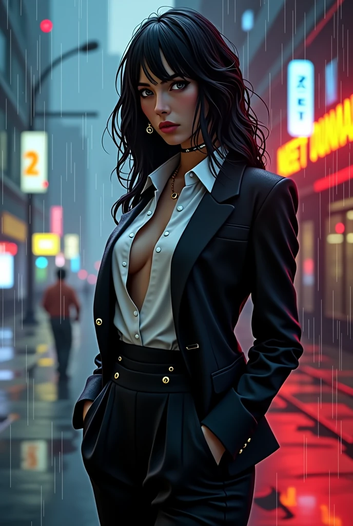 GTA STYLE，chumbo feminino，1girl, 3/4 pose, fashion accessor、dark suit, white shirt unbuttoned top, future city streets，raining night time, retro artstyle，shadows and highlights，hight contrast，crime and danger、Tension and suspense、Reflections on the avant-garde and the low ebb、Shady、evocative composition。(Best quality at best,4K,8K,A high resolution,tmasterpiece:1.2),ultra - detailed,(actual,realisticlying,Photorealistic:1.37)