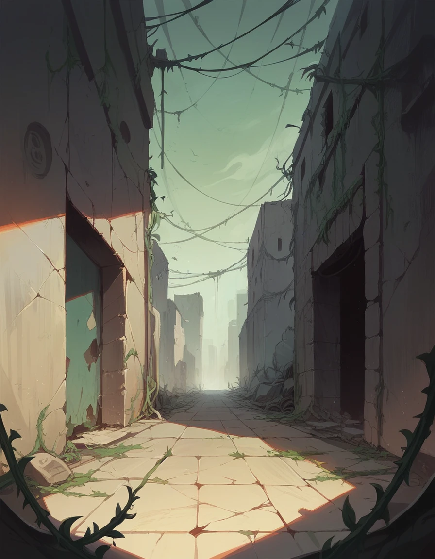 A wall with a dark concrete face, with vines like that around, and black smoke coming out of the walls, in the middle of a street deteriorated in ruins