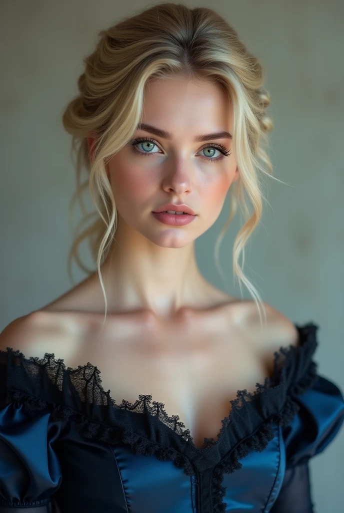 Beautiful twenty year old girl, with light blonde hair, White skin, almond-shaped blue-green eyes. with big breasts, slim, with a small waist and curves. She is wearing a dark blue silk Victorian era dress that highlights her beauty.. Her lips are plump. She has her hair up in an elegant hairstyle.. Let the whole dress be seen.