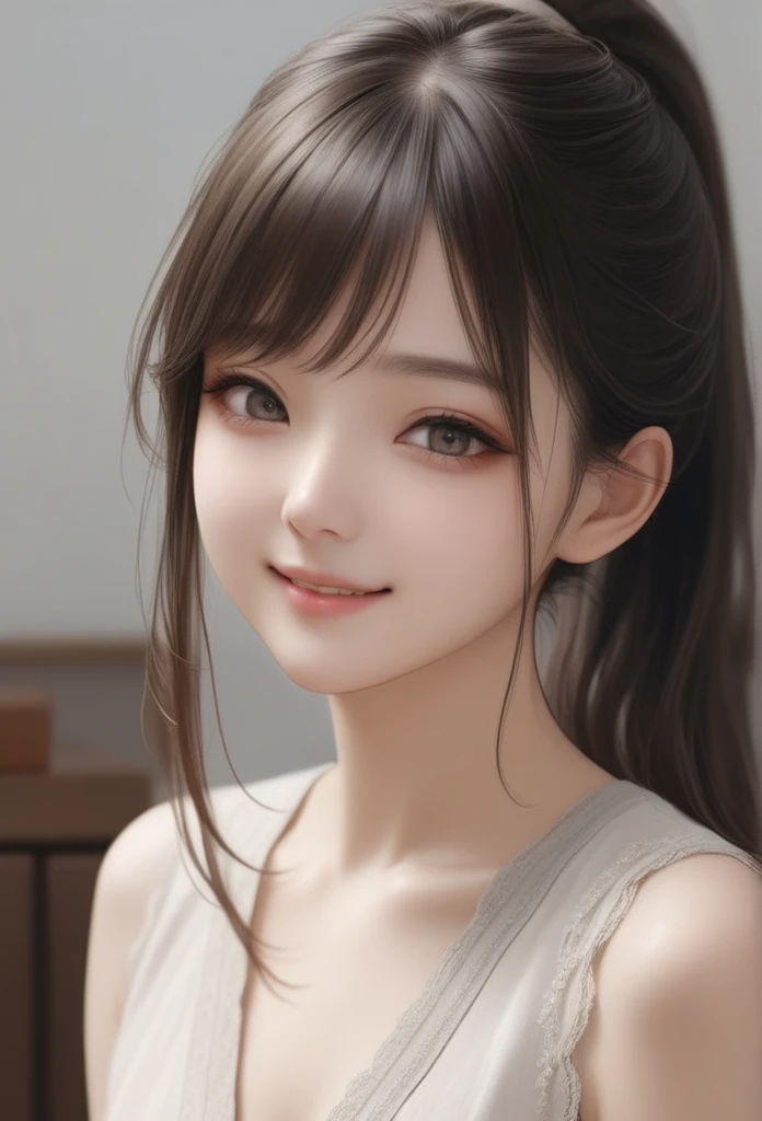 sleeveless, Ponytail, Japanese Girls, 8K, Legal photos, Top quality, masterpiece, Practical, Realistic super details, A girl, Lovely, The best smile, beautiful eyes, Long hair, Perfect facial features,