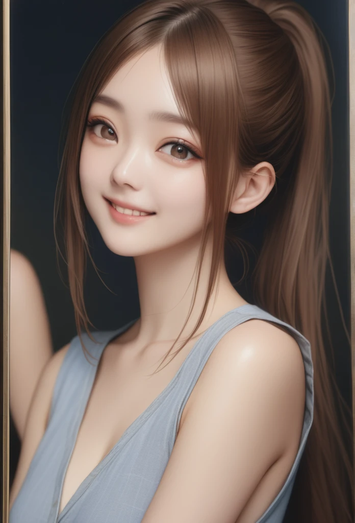 sleeveless, Ponytail, Japanese Girls, 8K, Legal photos, Top quality, masterpiece, Practical, Realistic super details, A girl, Lovely, The best smile, beautiful eyes, Long hair, Perfect facial features,