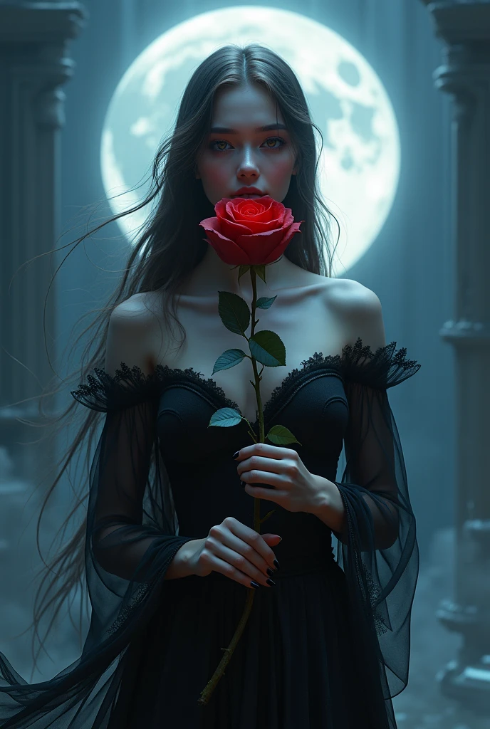 Picture a mysterious, goddess and mystical girl standing beneath a luminous full moon. She holds a dark red rose with petals that seem to shift from vibrant crimson to deep black at the edges. The moonlight casts a soft, magical glow on her, highlighting her enigmatic expression and adding a touch of elegance to the scene. Her attire, a blend of dark and shimmering fabrics, complements the rose and the moon’s ethereal light. The background is a blend of twilight blues and gentle silver, creating an air of intrigue and allure.