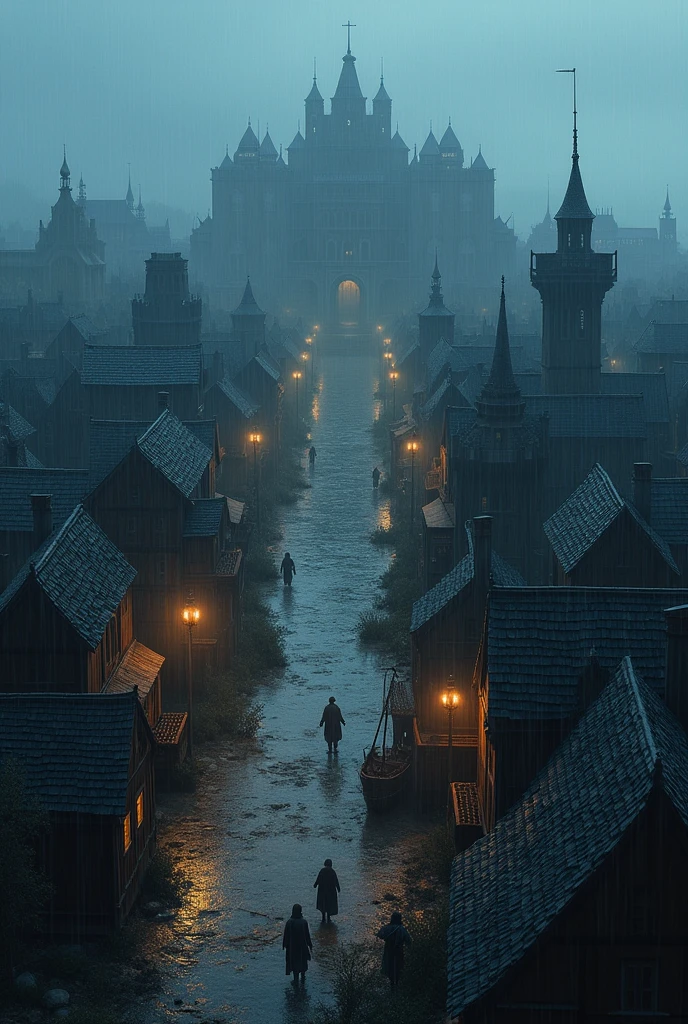 only little houses. preferably illustration as in a poster or book map.Showing a port city in a medieval fantasy setting from afar, as if it had come out of a map from Tolkien&#39;s books with a dark and decadent appearance. The city is dirty and disorganized. The city is 5 km in diameter and can be seen from afar, as if someone who was in the sea in a high place was taking a picture of her from above. only small houses. poor wooden houses. city shown from above from far away The port houses wooden ships in a decrepit state. The atmosphere is cold and sinister, with a light rain falling, intensifying the sense of despair. The scene is shrouded in a haze of blue-gray hues, with the wet streets reflecting the dim light of flickering lanterns. The general atmosphere is macabre and threatening., suggesting a place marked by danger and poverty. Show the city from afar, only small houses e uma praça central grande. view from further away and showing more of the city. An image that portrays it in its entirety as if it were a map illustration taken from an RPG book. showing the entire length of the city to the ocean
