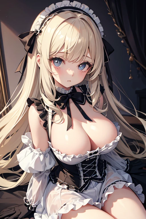 cute doll, big eyes, doll joints, expressionless, hair ribbons, detailed face, ruffled underwear, cleavage, submissive, pastel colors, victorian bedroom, natural light, side lighting