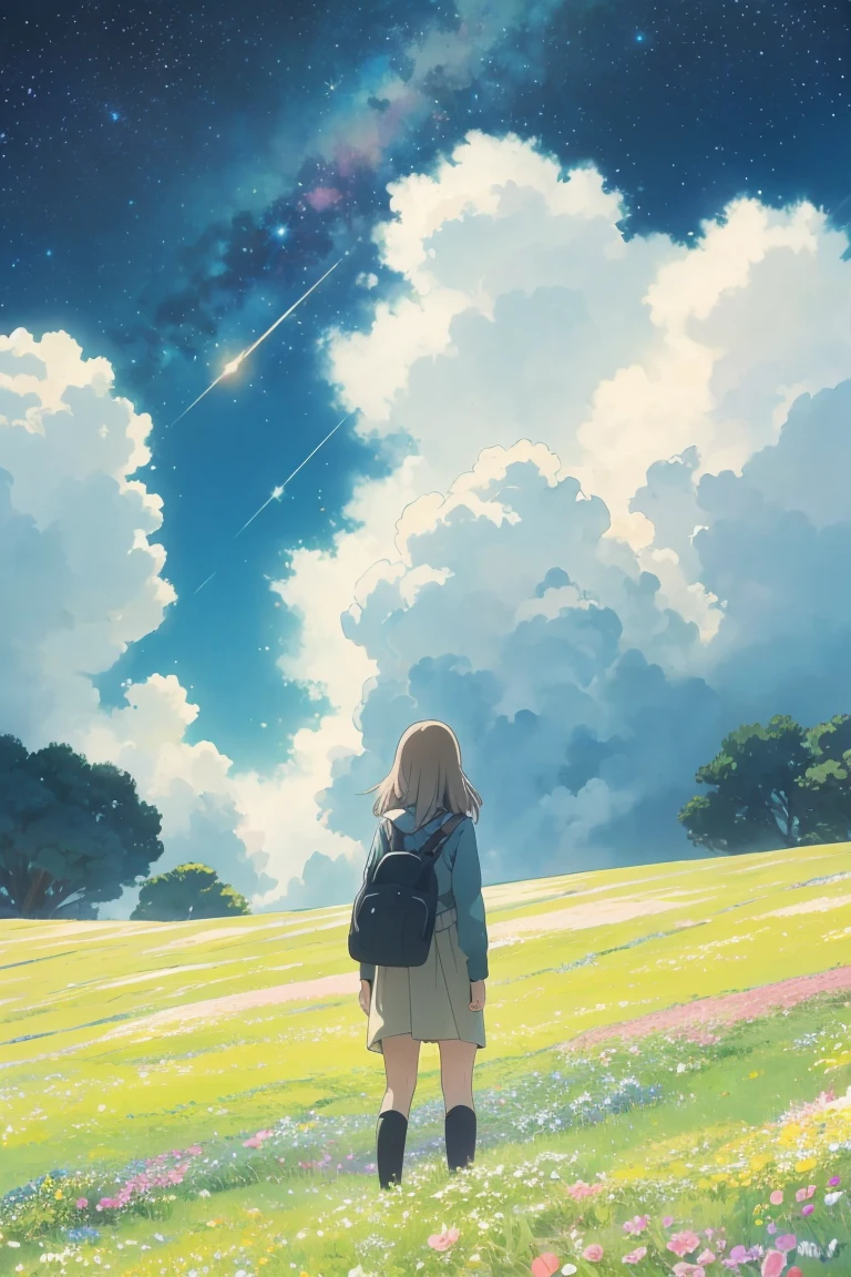 A girl on a meadow,Stars twinkling in the sky,Shining Star,milky way,I look up and see,masterpiece,Highest quality,最高masterpiece,Detailed anime art,Digital Art,