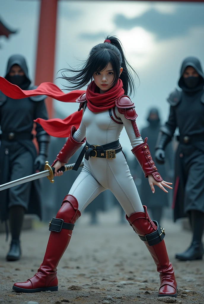 japanese child girl, wearing latex white ZENTAI highleg suits, red leather highboots, (((ninja dynamic pose, action scene, battle with many black ninja force))), prepare a KATANA, at Shrine,  Torii gate, moonlight, lightup, red shoulder armor, red long iron grab, flattering red long scarf, black belt, strong wind, 