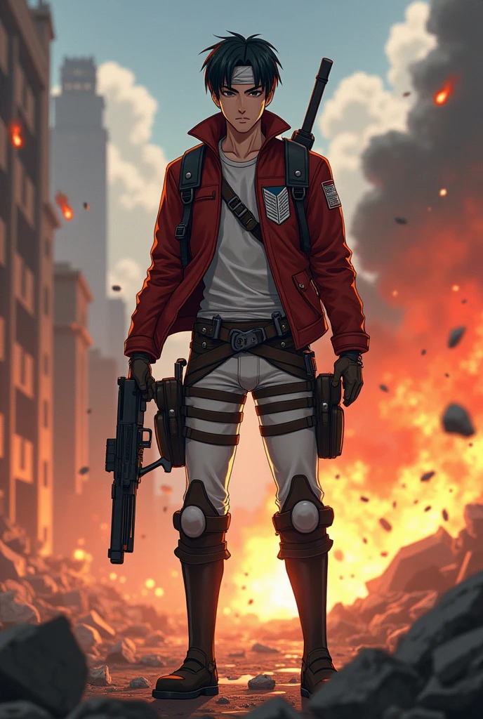 a slightly athletic Thai-Canadian man as Mikasa Ackerman. He wore a red jacket emblazoned with the iconic Wings of Freedom badge.. Under the jacket, white shirt peeking out, and the harness is part of the 3D maneuvering equipment system. In the midst of the explosion of fire, debris, and building ruins. dynamic standing firm holding a gun . neat short black hair. wearing a headband—a symbol of his unwavering loyalty. Wearing the Pra Regiment uniform