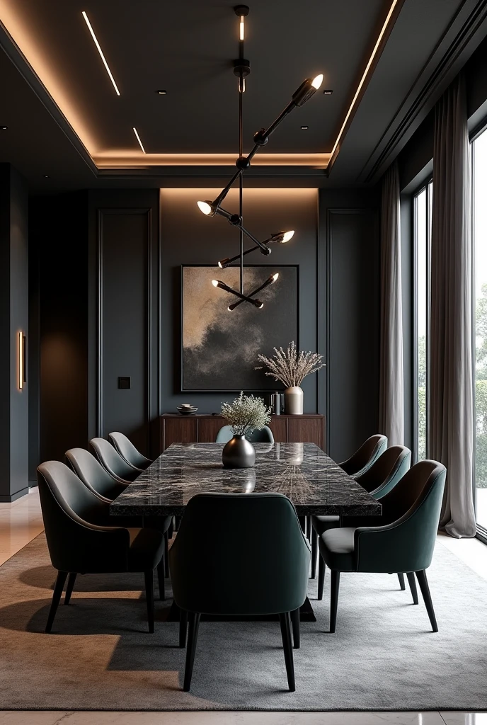 Professional 3d architecture rendering design of modern and minimal dining room with dark stone colour modern velvet 8 chairs and black stone marble table modern and modern ceiling lighting and elegant ceiling lighting and dark wooden consulate with elegant mirror elegant and modern ceiling lighting and elegant wall painting and elegant accessories