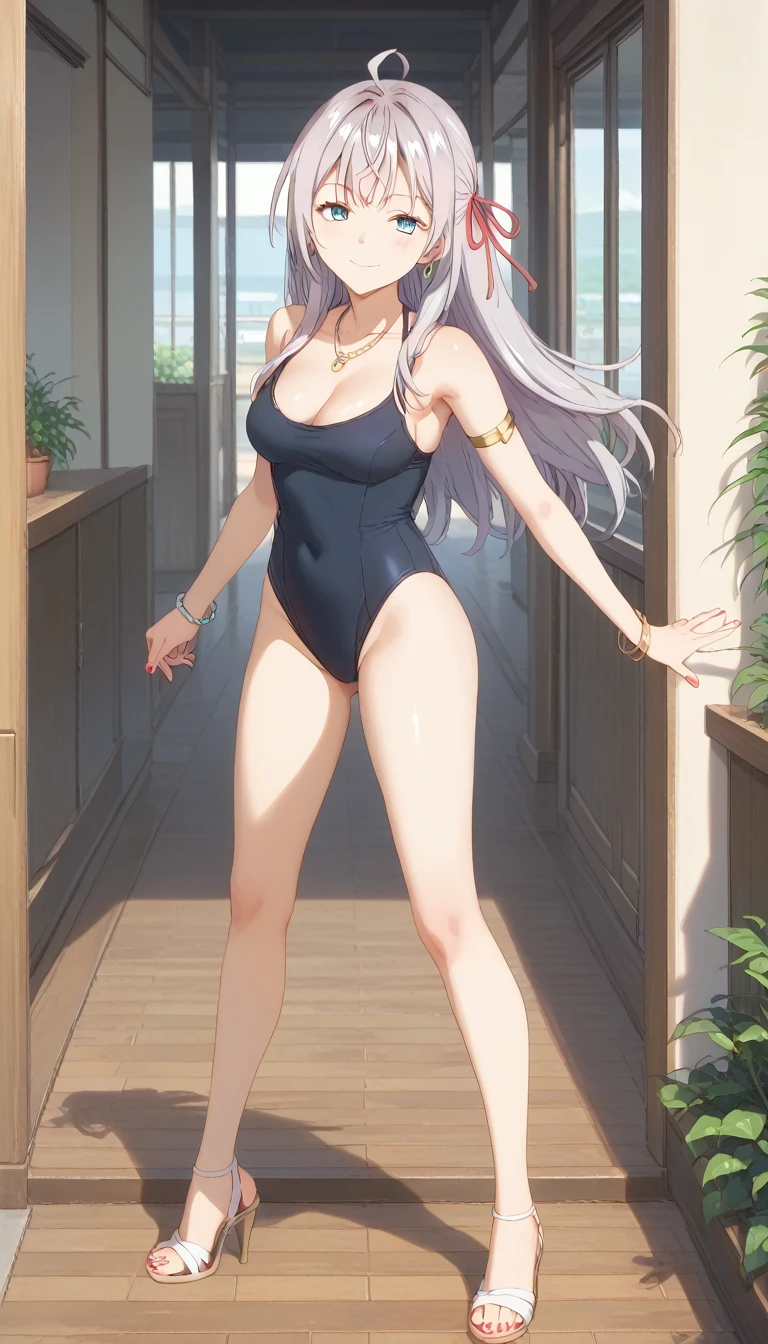 score_9, score_8_up, score_7_up, source_anime, masterpiece, absurdres, medium breasts, mature woman ,perfect face, 1girl, cute expression, smiling, looking at viewer, standing, arched back, alisamikhailovna, alisamikhailovna kujou, long hair, bangs, blue eyes, ahoge, gray hair, red ribbon, ig-bk,breasts,jewelry,black swimsuit,bracelet,one-piece swimsuit,full body,necklace,nail polish,cleavage,armlet,long legs,legs,high heels,