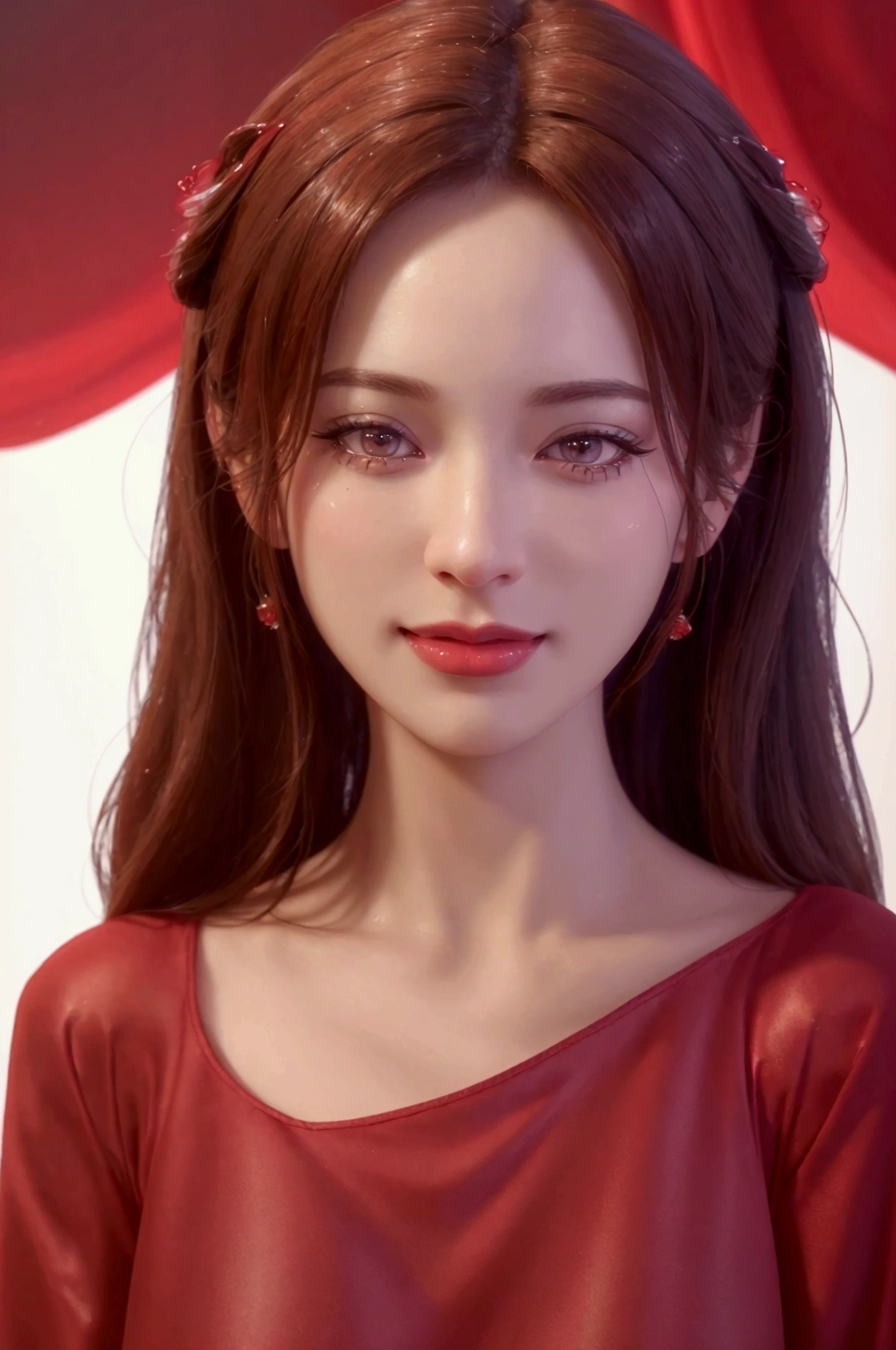 A beautiful woman with detailed facial features, long eyelashes, and a charming smile, holding her hair, wearing a sexy red dress, against a clean white background, (best quality,4k,8k,highres,masterpiece:1.2),ultra-detailed,(realistic,photorealistic,photo-realistic:1.37),intricate details,elegant,high fashion,glamorous,cinematic lighting,warm color tones