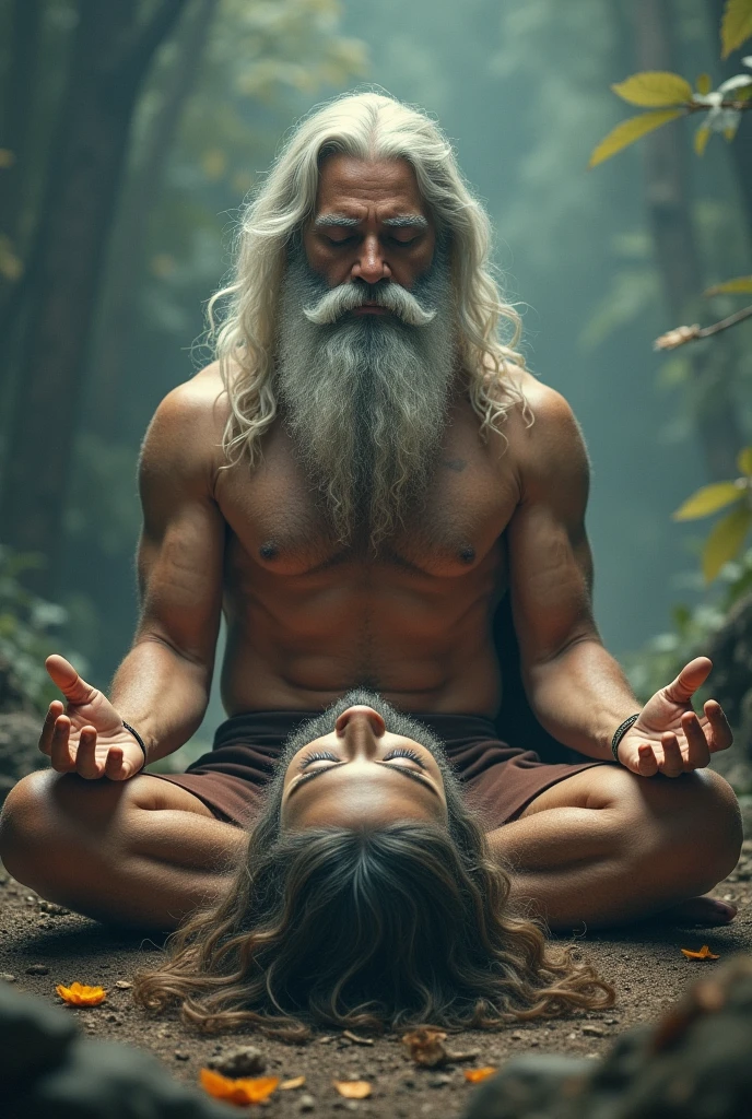 One man with good body structure meditating at one place holding his his head cut and kept on ground and meditating ,his head with good face and  and long white beard and full hair ,that meditating person looks like bramhana