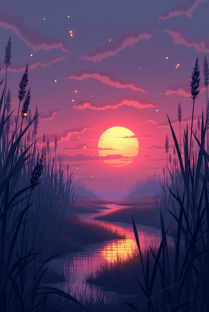 Tall marsh reeds, the is failing disk in the violet sky, casting splinters of neon-orange over the Tweed marshland, fireflies dance like little flares jettisoned from the setting sun as they blink over the horizon.