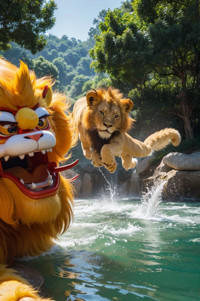 There are lion dances,One is a big dancing lion,One is a little lion dance, CG Society - w 1 0 2 4 - n 8 - i, Inspired by Pu Hua, shui mo hua, (Flowing water generates wealth)official art works, CG Society and fenghua zhong, author:Toth Wu, Inspired by Lu Guang, CG Society 8k”, CG Society ), inspired author:Toth Wu
