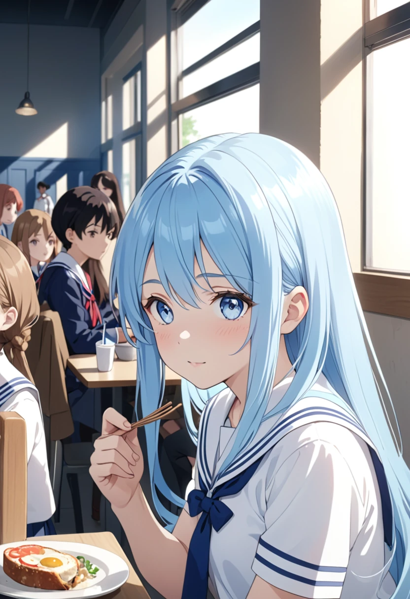 school students enjoying their lunch in a crowded cafeteria、Delicate and beautiful anime face、Clear Eyes、Sailor suit、 light blue Braided long hair beautiful girl、, anime, face,younge ,****,(((( light blue long hair)))),Best Quality,High resolution, young,, realistic shadows, anime screencap,