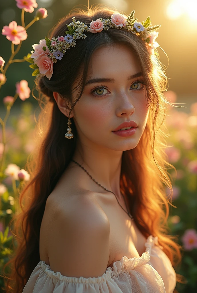 (masterpiece, best quality:1.2), 1girl 21yo, solo, beautiful detailed eyes, beautiful detailed lips, extremely detailed face and portrait, longeyelashes, elegant, serene expression, flowing long hair, intricate hair ornaments, detailed floral crown, delicate skin, porcelain skin, warm lighting, golden hour, outdoor garden scene, lush greenery, colorful flowers, dreamy, cinematic, vibrant colors, fantasy
