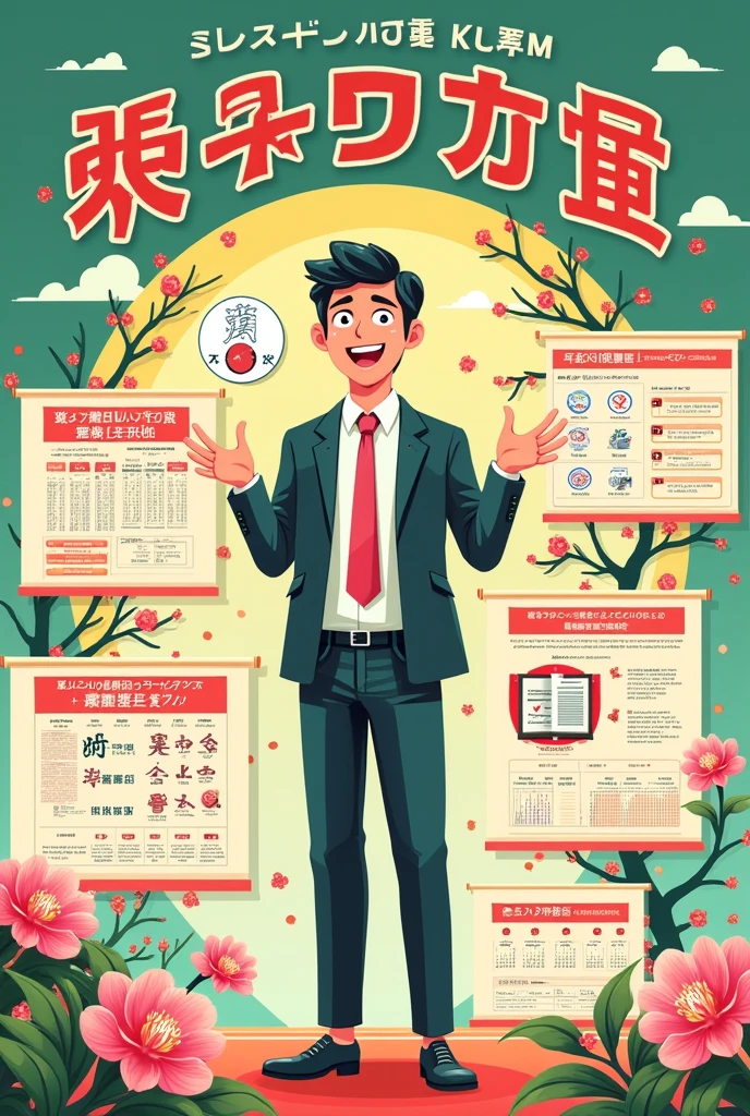 Create a poster for the Tokutei Kaigo certification exam preparation course. The main color is green., yellow and red In the middle is an enthusiastic teacher teaching the course with a 15-session schedule Decorating Japanese symbols such as kanji, cherry blossom. Effective E-Learning Course, exam-related documents