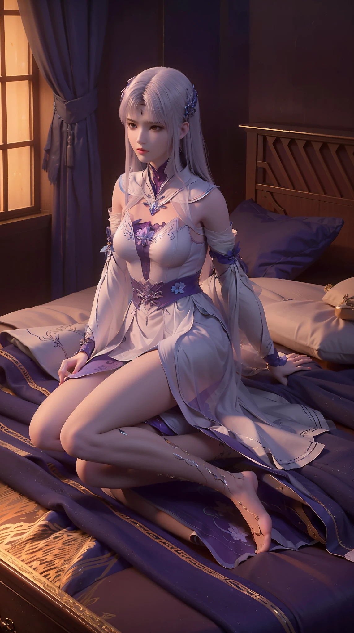 realisitic, 1 girl, White hair, purples eyes, glare eyes, top cut, overskirt, parted lips, blush, natta, flowers, floor, floorlight,