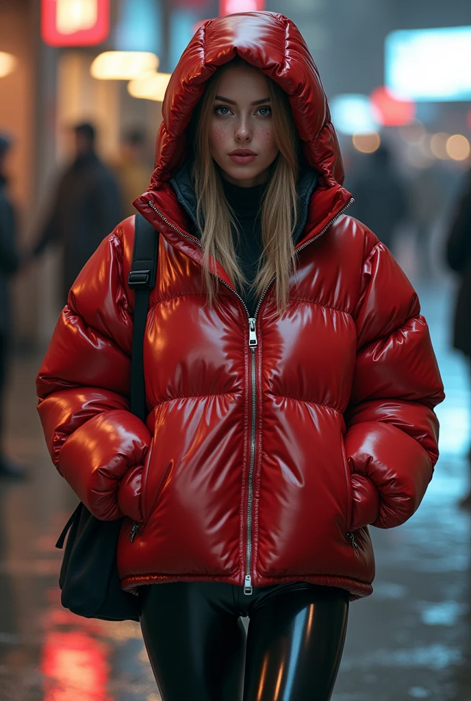 a slim ponytail girl,beautiful detailed eyes,beautiful freckles,beautiful detailed lips,extremely detailed eyes and face,longeyelashes,in beautiful detailed hooded formfitting duvetica overfilled shiny hyper gleamy hyper thick glossy unsealed puffer jacket covering her sealed hyper padded duvetica puffer vest,latex glossy stirrup legging,her full-foot glossy hyper padded overfilled thick inflated down slipers,symmetrical,walking in pufferstore,masterpiece,cinematic,lifelike,hyperrealistic,8k,photorealistic,highly detailed,intricate,exquisite,elegant,beautiful,stunning
